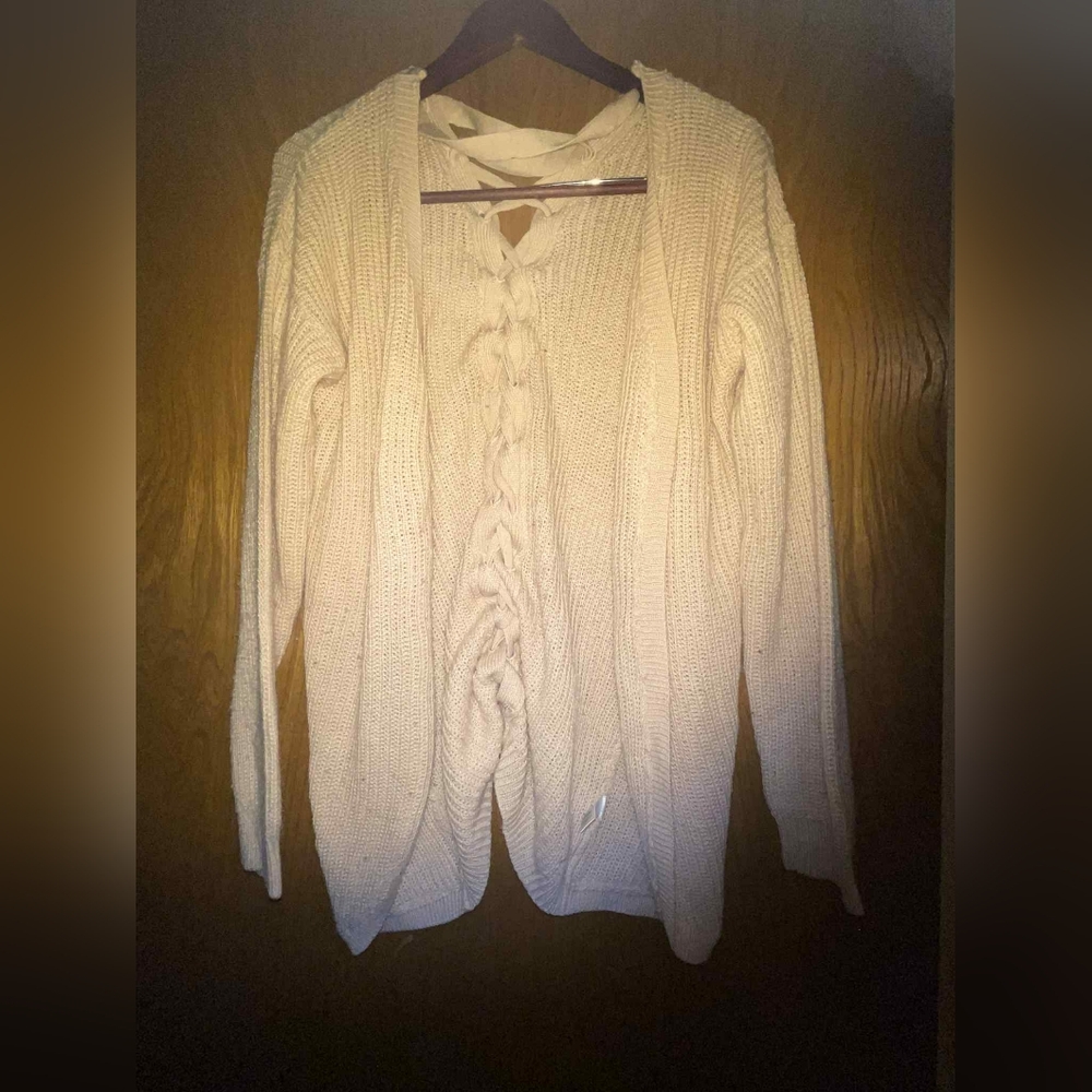 Women's Cream Sweater with Lace-Up Detail